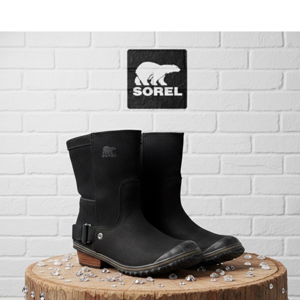 🔥Sorel 🖤🤑Black Suede Leather Mid Calf Moto Boots Stacked Heel Waterproof 7.5